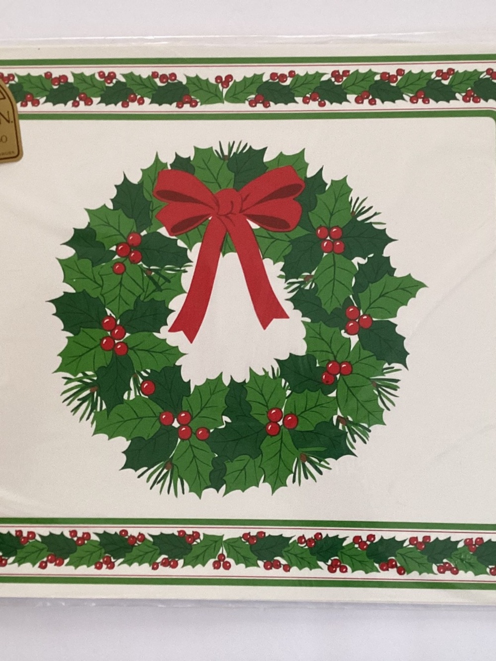 Set of Six Vintage Hallmark Christmas Holly Wreath Placemats 11”x14” Wrapped NOS